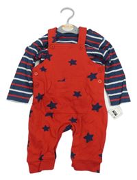 Nové - 2Set - Červené laclové tepláky s hvězdičkami a kapsou + tmavomodro/červeno/bílé pruhované triko St. Bernard