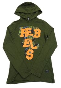 Tmavokhaki triko s nápisem a listy a kapucí coolcat