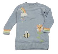 Světlemodré pletené šaty s kytičkou a včelkou a obláčkem a pruhy Next