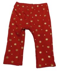 Červené teplákové zateplené legíny se zlatými vločkami a hvězdičkami