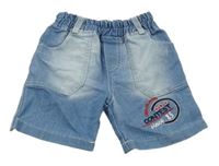 Světlemodré teplákové riflové kraťasy s nápisy a číslem 