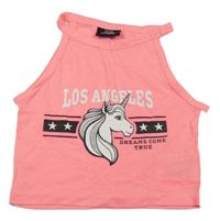 Neonově korálovo-bílý melírovaný crop top s jednorožcem a nápisy page one young