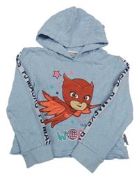 Světlemodrá melírovaná crop mikina s PJ MASKS a pruhem a kapucí