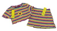 2set - Barevné pruhované žebrované crop tričko s květinou + sukně Shein