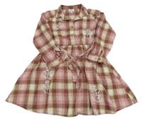 Starorůžovo-hnědo-béžové kostkované flanelové košilové šaty s květy s kamínky River Island