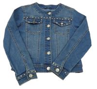 Modrá riflová crop bunda s perlami a kamínky