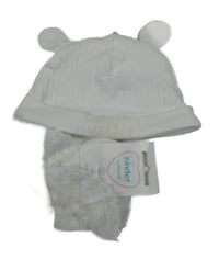 2set - Bílá žebrovaná bavlněná čepice s oušky + bílé pnožky s krajkou