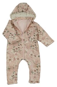 Růžová puntíkatá třpytivá zateplená kombinéza s květy a kapucí