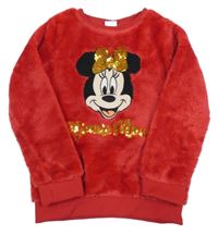 Červená chlupatá mikina s Minnie s flitry Disney