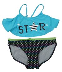 Azurovo-černé dvoudílné plavky s nápisem a puntíky