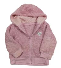 Růžová třpytivá propínací chlupatá mikina s kapucí zn. Dunnes Stores 