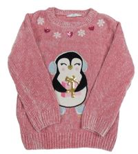 Růžový žinylkový svetr s tučňákem Primark