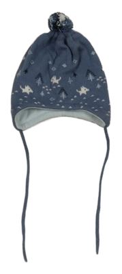 Modrá pletená vzorovaná podšitá čepice s bambulí 