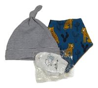 3 set - černo-bílá pruhovaná čepice + petrolejový slinták + bílé bavlněné rukavice 