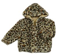 Béžovo-hnědá leopardí kožešinová zateplená bunda s kapucí Ergee