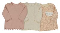 Nové - 3x žebrované triko - světlerůžové květované + světlerůžové + smetanové F&F