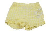 Žluto-bílé kostkované plátěné kraťasy s květy 