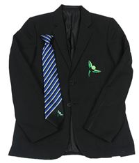 2set - Černé slavnostní sako s výšivkou + modro-černo-šedá pruhovaná kravata