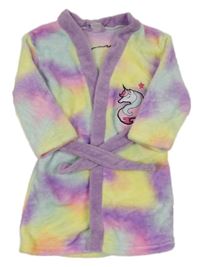 Fialovo-žlutý batikovaný plyšový župan s jednorožcem 