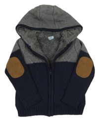 Šedo-tmavomodrý propínací vlněný zateplený svetr s kapucí F&F