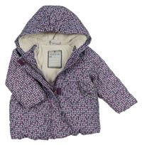 Fialovo-světlemodrá šusťáková zimní bunda se srdíčky a kapucí Topomini