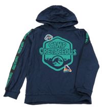 Tmavomodro-zelená mikina s nápisy a diny a kapucí 