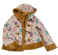 Růžovo-okrový semišový zateplený kabát s květy a kapucí Desigual