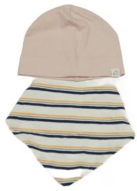 2set - světlerůžová čepice + bílo-barevný pruhovaný oboustranný slinták