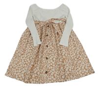 Bílo-béžové žebrované šaty s květovanou sukní a páskem 