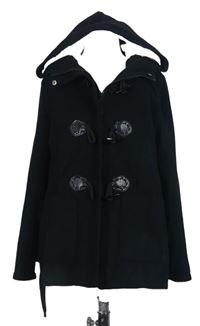 Dámský černý flaušový kabát s kapucí 