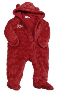 Červená chlupatá podšitá kombinéza s medvídkem a kapucí Ergee