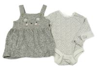 Nové -2 set - bílé květované body + šedé pletené laclové šaty se zvířátkem F&F
