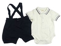 2set - Tmavomodré plátěné kraťasy s kšandami + bílé body s límečkem 