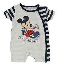 Bílo-tmavomodrý pruhovaný kraťasový overal s Mickeym Disney