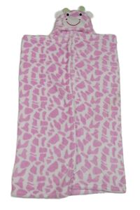 Bílo-růžová vzorovaná chlupatá zavinovací deka s kapucí - žirafa