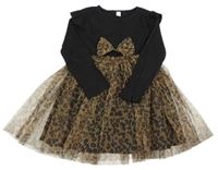 Černo-hnědé žebrované vzorované bavlněno/tylové šaty s mašlí a volánky