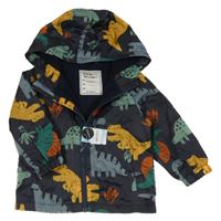 Nové - tmavomodrá šusťáková jarní bunda s dinosaury a kapucí Matalan