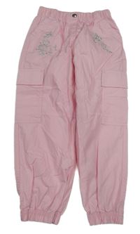 Světlerůžové plátěné cuff kalhoty s kytičkami Matalan