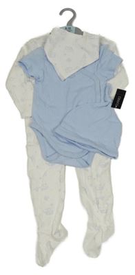 Nové - 4set - bílý žebrovaný overal + světlemodré body + čepice + slinták St. Bernard