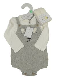 Nové - 3set - Šedé pletené laclové kraťasy + bílé body + punčocháče Tu