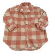 Růžovo-smetanová kostkovaná huňatá košilová bunda Next