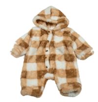 Oranžovo-hnědo-bílá kostkovaná chlupatá kombinéza s kapucí 
