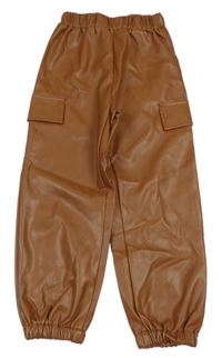 Hnědé koženkové cargo cuff kalhoty Shein