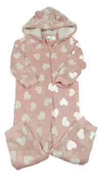 Světlerůžová chlupatá kombinéza se srdíčky a kapucí C&A