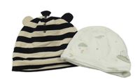 2x - Černo-béžová pruhovaná + bílá bavlněná čepice s obrázky
