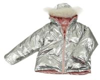 Stříbrná šusťáková oboustranná zimní bunda s kapucí 