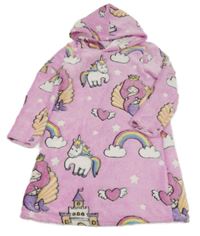 Světlerůžové chlupaté županové šaty s jednorožci a kapucí 