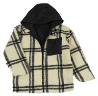 Nové - Smetanovo-černá kostkovaná huňatá zateplená bunda s kapucí Dunnes