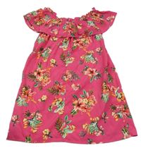 Růžové lehké šaty s květy a volánky Primark