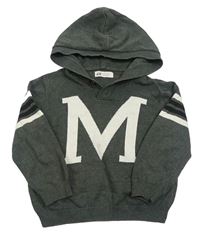 Tmavošedý melírovaný svetr s písmenkem a pruhy a kapucí H&M